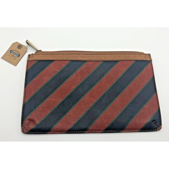 NEW Fossil Striped Leather Bag Pouch Cosmetic Toiletry Pencil Zip - Picture 1 of 6